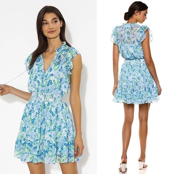 SHOSHANNA Floral Chiffon Smocked Waist Flutter Sleeve V-Neck Ruffle Mini Dress 4 - Picture 1 of 6